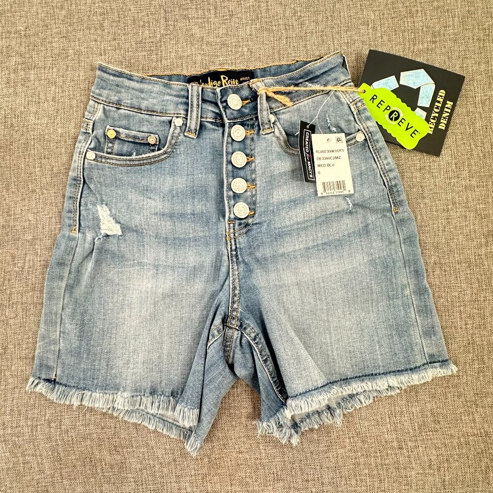 NEW! Indigo Rein Denim Shorts Buttons Fringe Distressed 10" Rise Size 0/23
